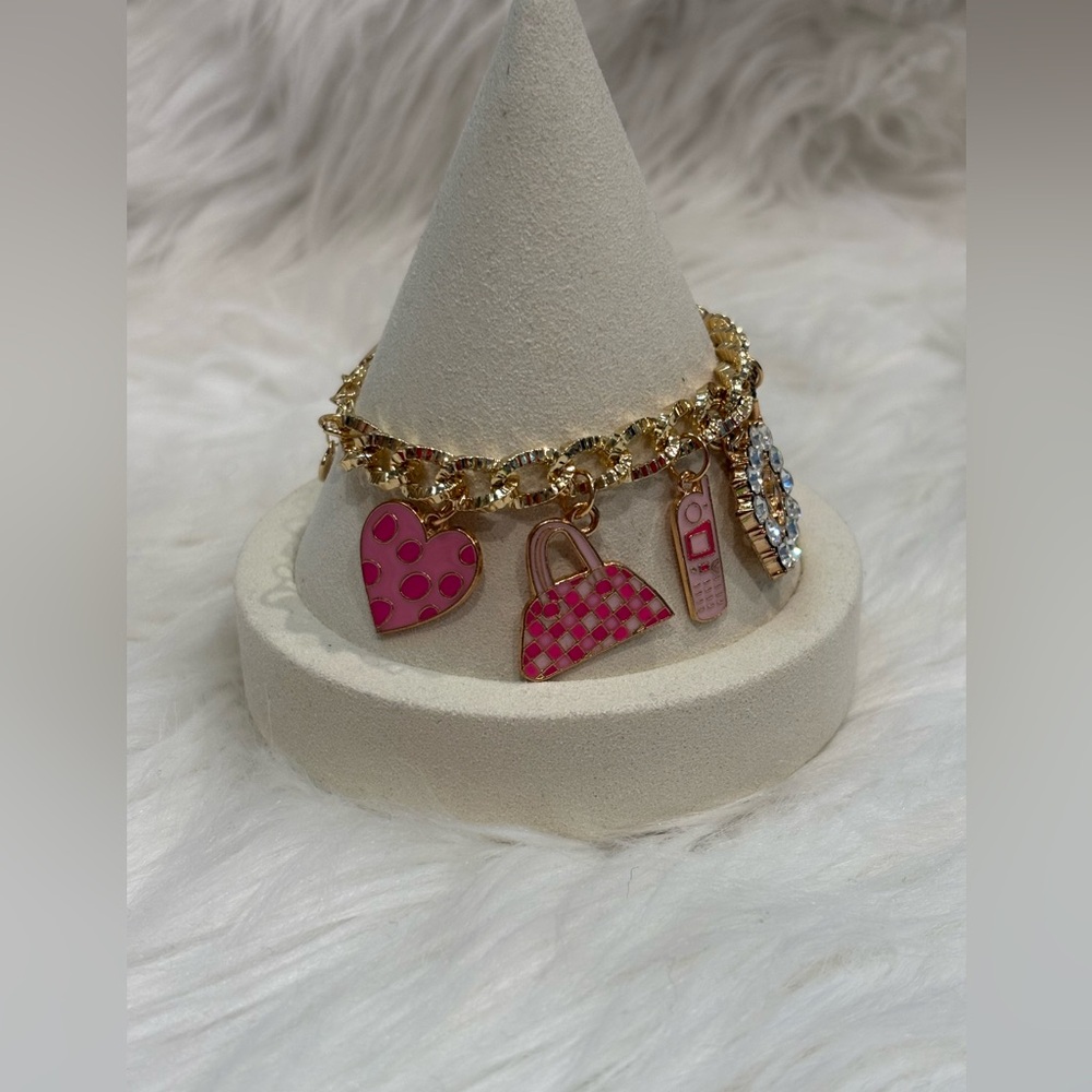 Gucci Stamped Zipper Pull Gold & Pink Charm Bracelet - Picture 2 of 4